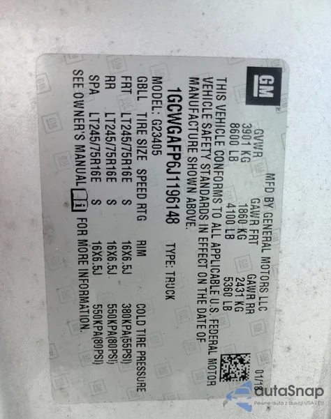 2018 Chevrolet Express G2500 из США, поврежденный, VIN 1GCWGAFP6J1196148